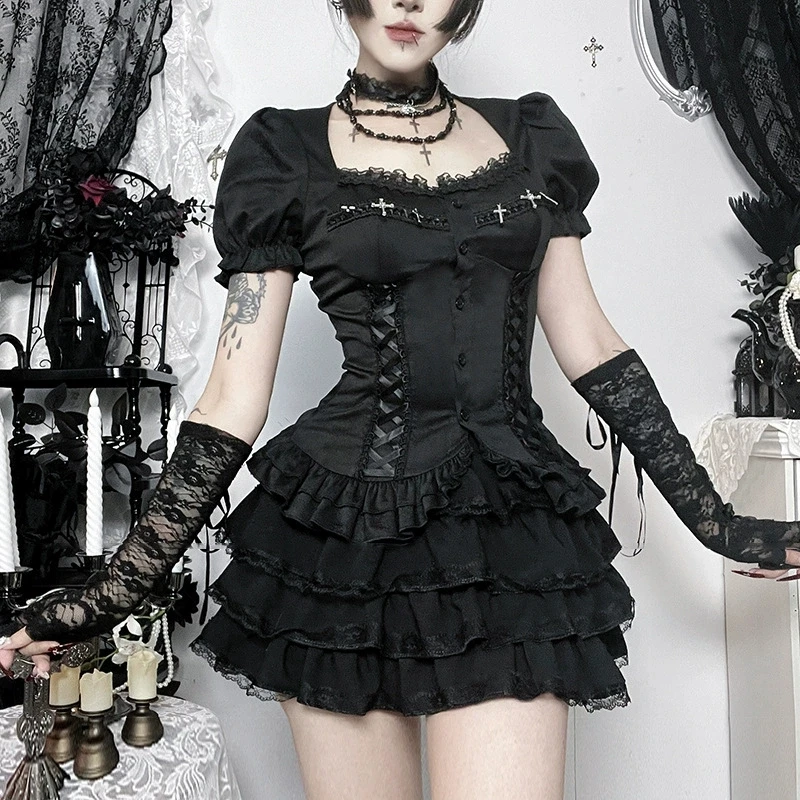 

2026 New Vintage Dark Kawaii Lace Patchwork Short Sleeve Shirt Blouses Women Retro Mall Gothic Button Slim Shirts Cross Y2K Tops