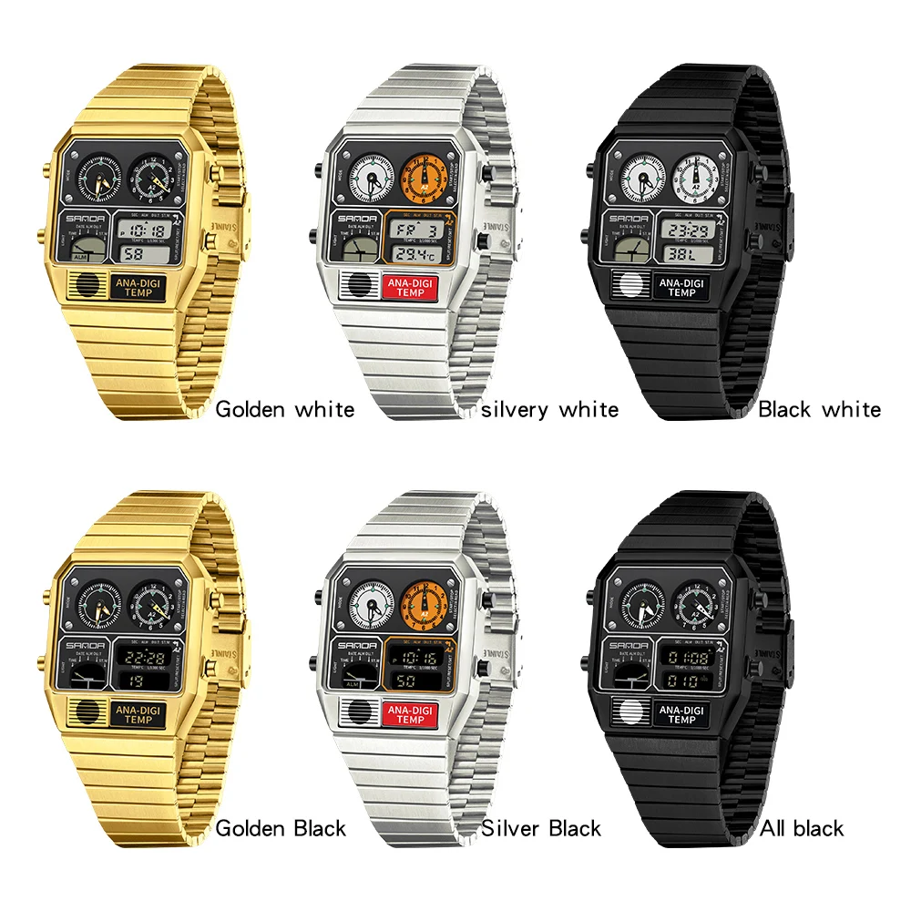 Reloj de pulsera Digital cuadrado electrónico SANDA para hombre, cronómetro con medición de temperatura de acero inoxidable, alarma, calendario, reloj deportivo