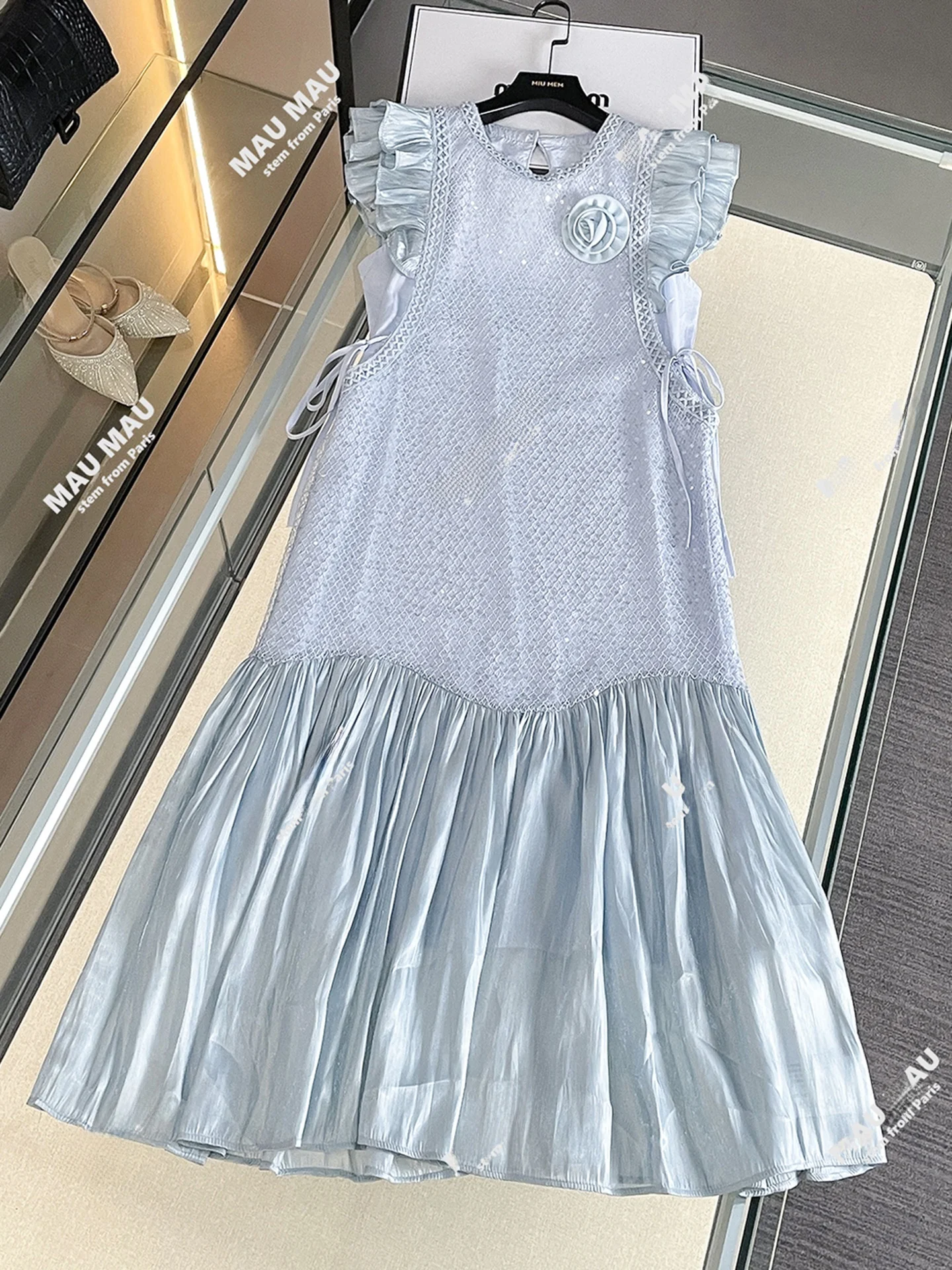 South Oil High-End Donna Estate Fre Pearl Flower Fly Sve Dr Pendolarismo Semplice Vita alta Bright Tead A-Line Lungo Dr