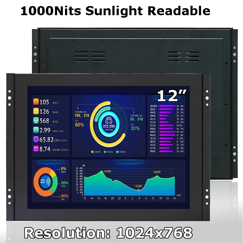 12 Inch Industrial Touch Monitor 1024x768 High Brightness 1000 Nits Sunlight Readable with VGA HDMI for Outdoor Use