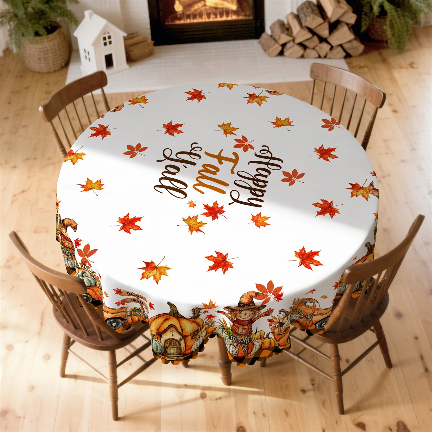 1. A straw man pumpkin car with autumn tablecloth, maple leaves, hello autumn, text, harvest wind, decorationzyc