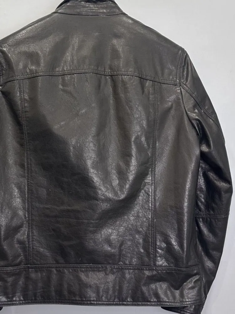 Retro Fashion Stand Collar Long Sleeves Genuine Leather Jacket Solid Color Zipper Button Loose Cowhide Male Motorcycle Coat - Image 6