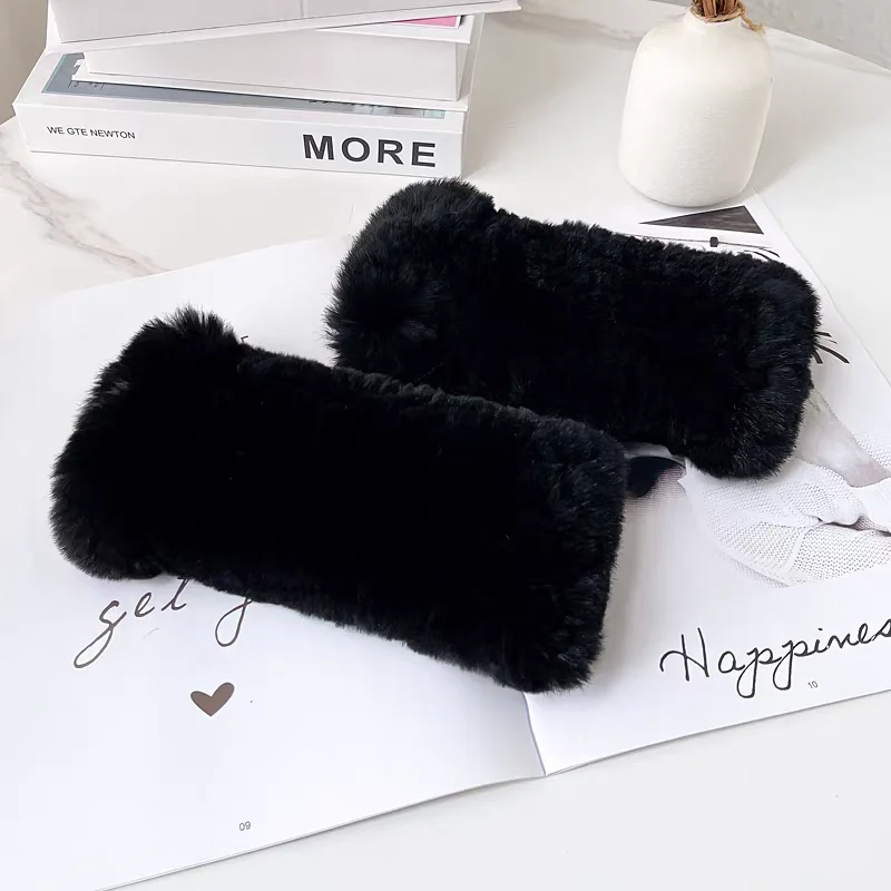 قفازات فرو شتوية ناعمة ومرنة للغاية للفتيات منسوجة يدويًا بدون أصابع قفازات من فراء أرنب ريكس الحقيقي #5