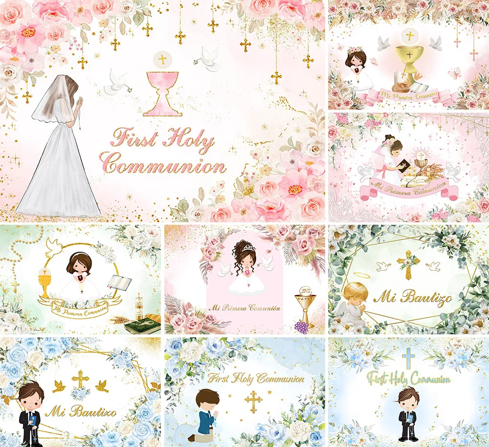 

Mi Bautizo Flowers Backdrop for Girl Baptism Gold Cross Boho Floral Leaves Decor Gold Sequins Photography Background AU-01