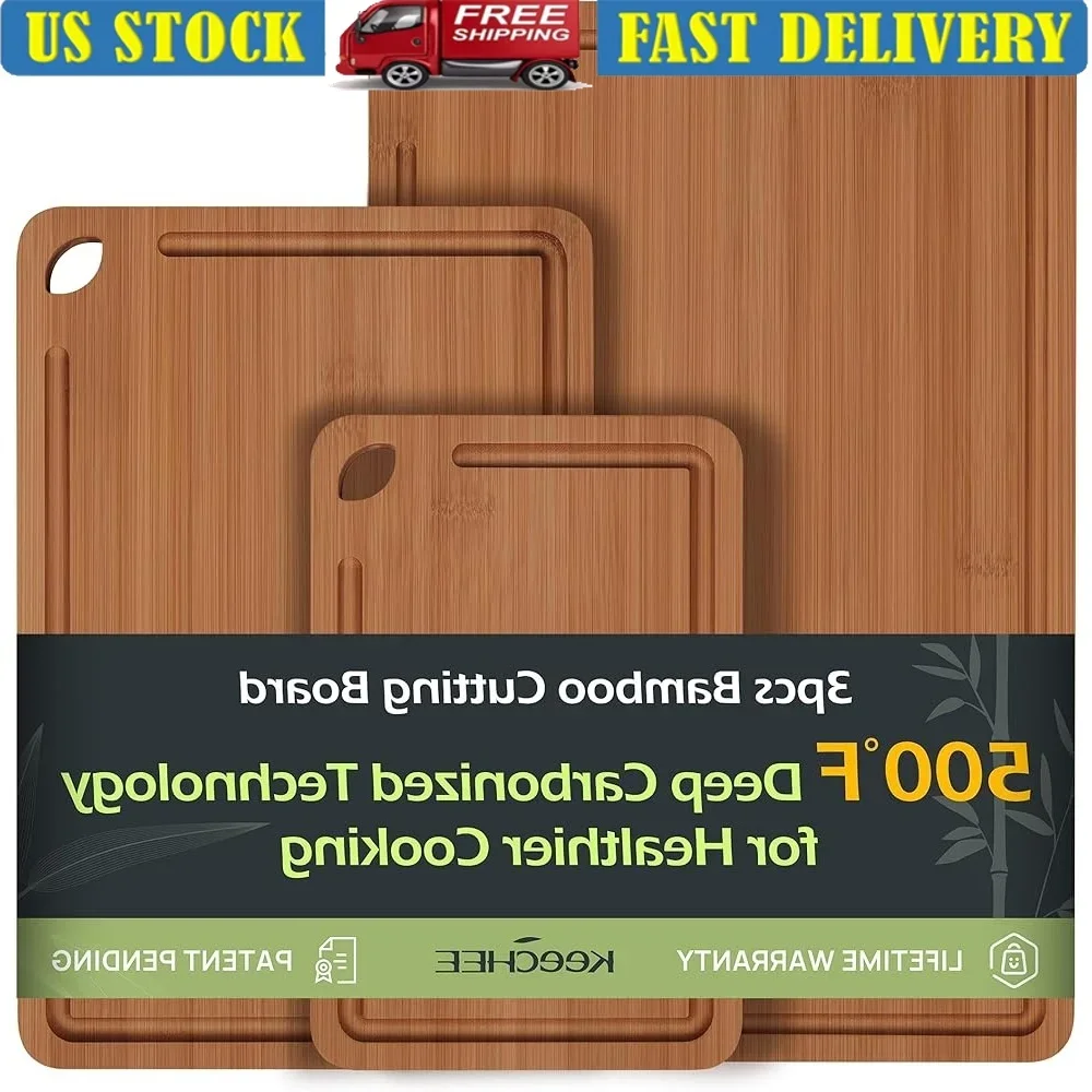 

Durable Bamboo Cutting Board Set with Juice Grooves Built-in Handles Easy Chopping Food Prep Charcuterie Gift Ideal Kitchen Tool