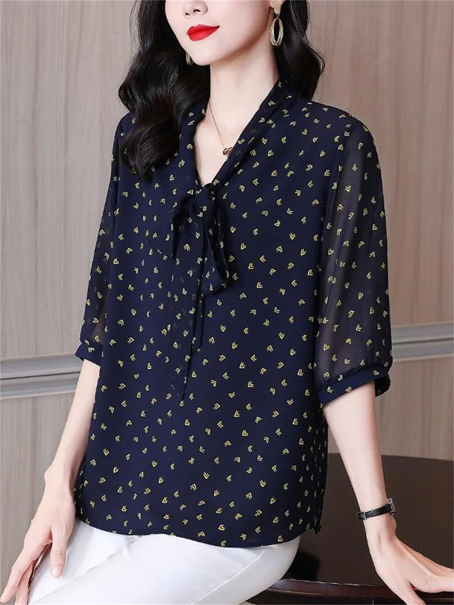 

5XL Women Spring Summer Blouses Shirts Lady Fashion Casual Short Sleeve Bow Tie Collar Flower Printing Blusas Tops TT2294