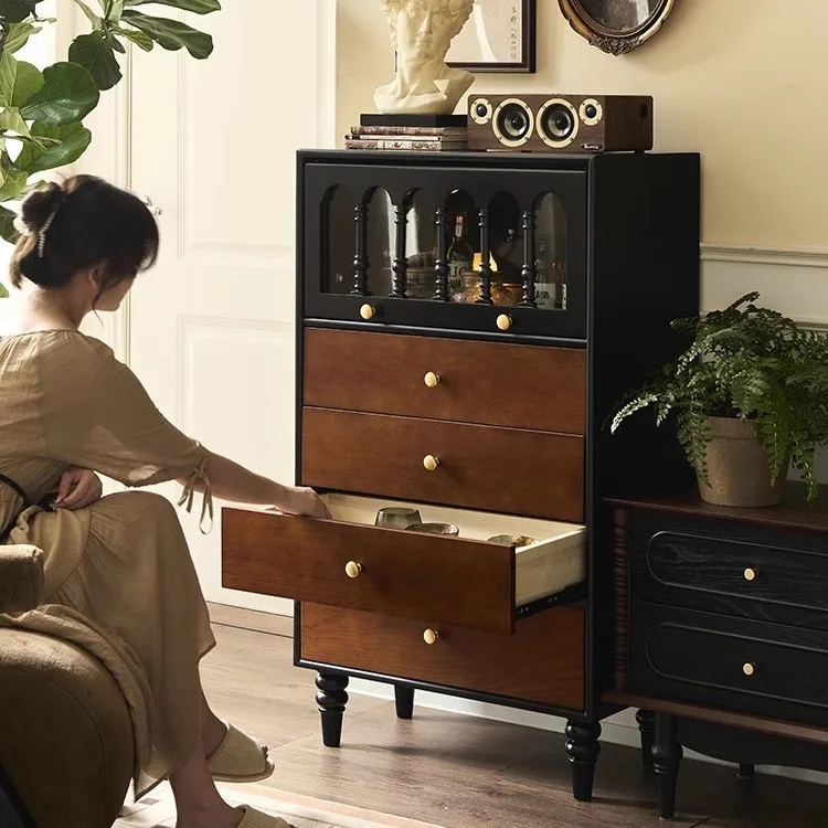 French solid wood retro chest, small apartment color matching storage side cabinet, antique bedside locker in household bedroom