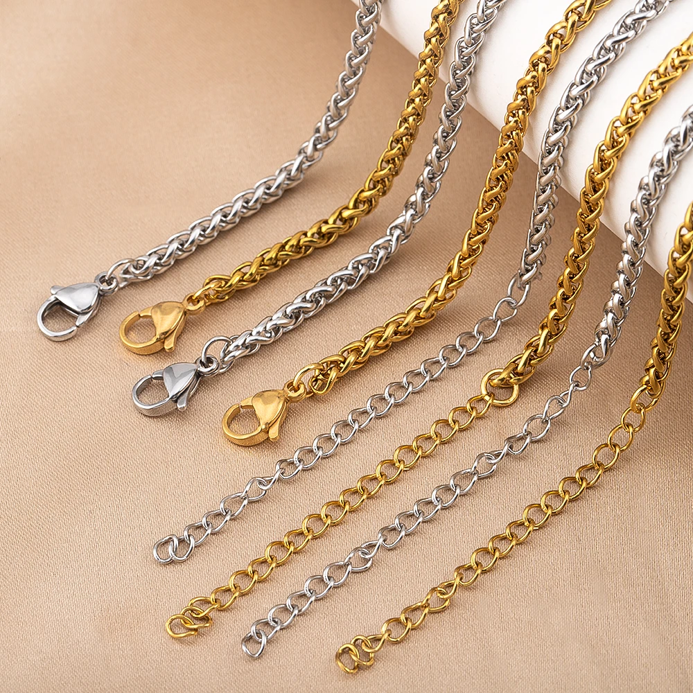 

1Pc Stainless Steel 3mm Thick Twist Rope Chain Necklace Extended Chain Wheat Chain For Men Women Jewelry Accessories Findings