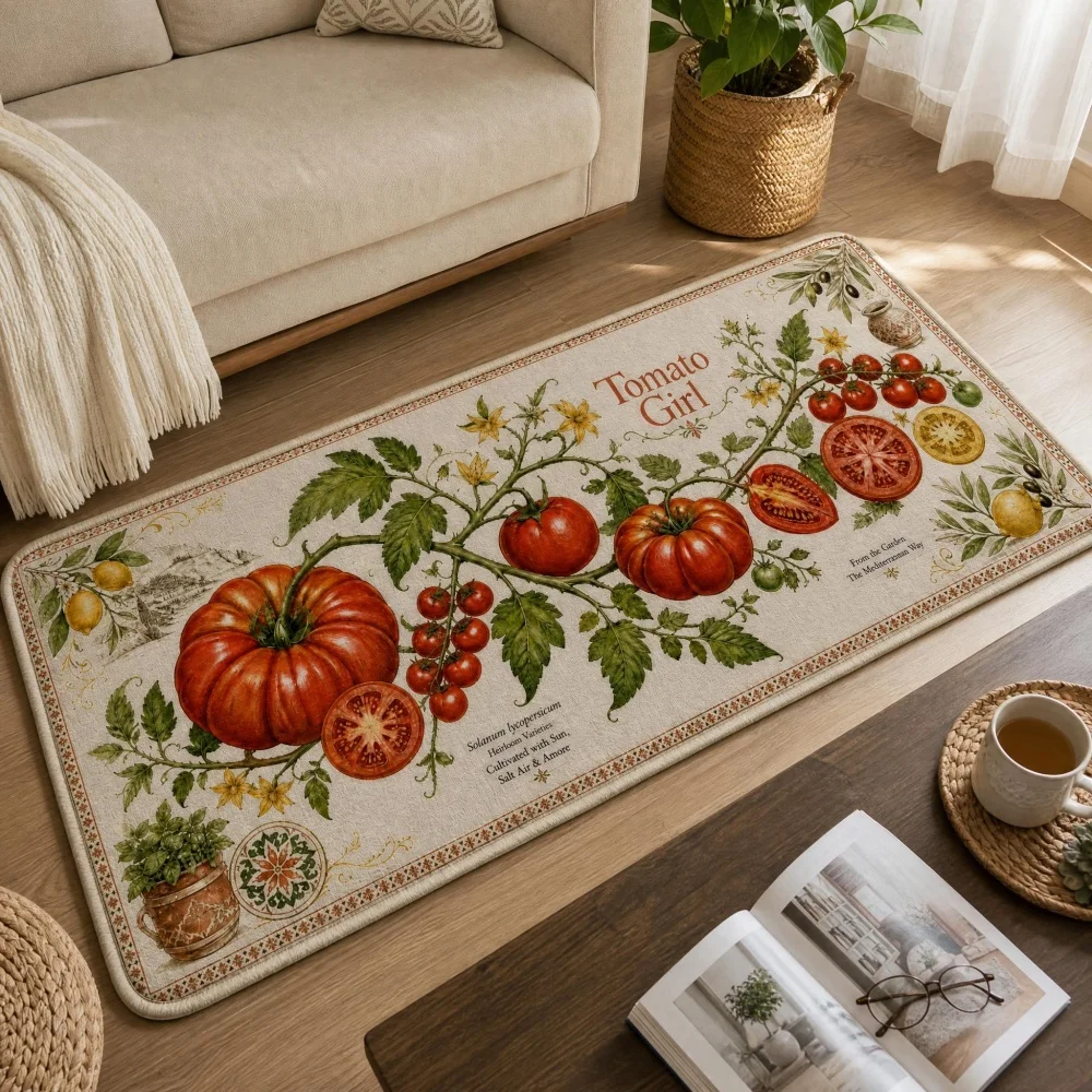 Vintage Hand Drawn Tomato Vegetable Print Flannel Runner Rug, American Country Farmhouse Style Non-Slip Floor Mat, Decor Carpet