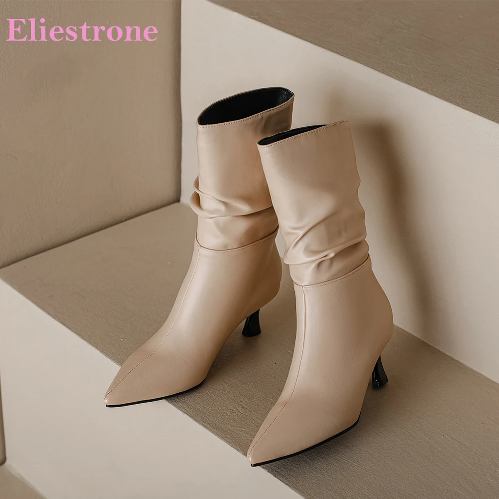  New Winter Sexy Apricot Black Women Mid Calf Boots Pointed Toe Mid Heel Lady Shoes Plus Small Big Size 11 32 43 45 48