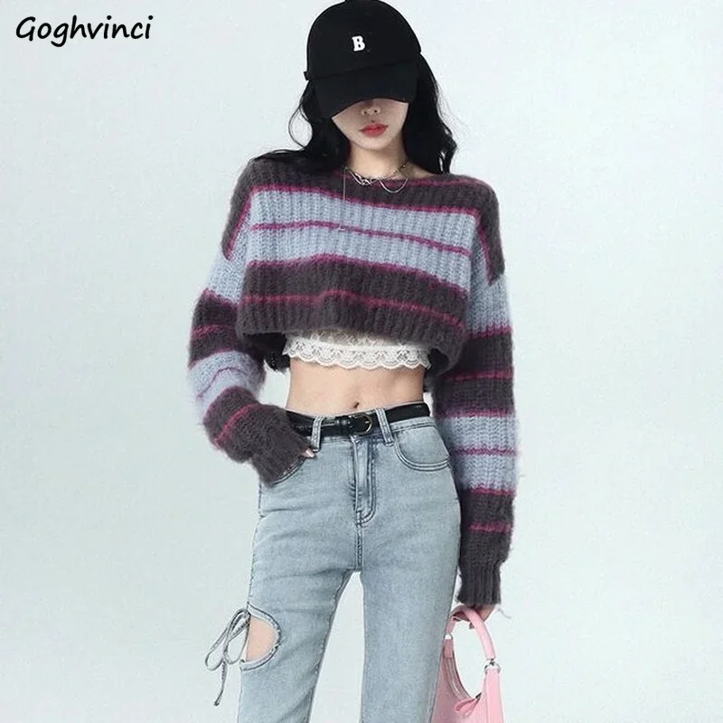 

Striped Pullovers Women Sexy Crop Knitted Sweater Autumn Hotsweet Cool Streetwear Ulzzang Stylish Female Harajuku Retro Knitwear