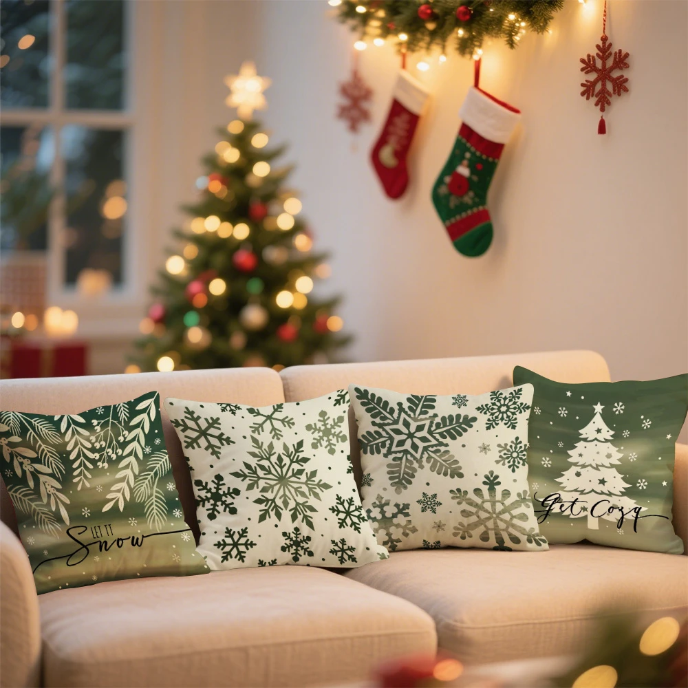 4pc Christmas Winter Throw Pillow Covers Sage Green Snowflake Xmas Tree Decorative Cushion Cases for Sofa Couch Bed