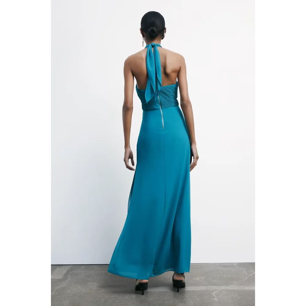 Simple Halter Sleeveless Side Slit Summer Evening Dresses Pleat Ankle Length Formal Event Dresses