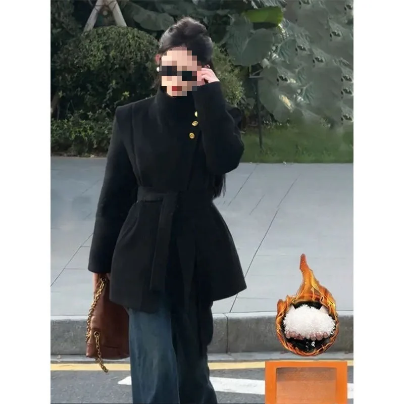 

Winter New Fashionable Versatile Thickened Warm Down Jacket Coats Stand-up Collar Lace-up Waist White Duck Down Woolen Jacket