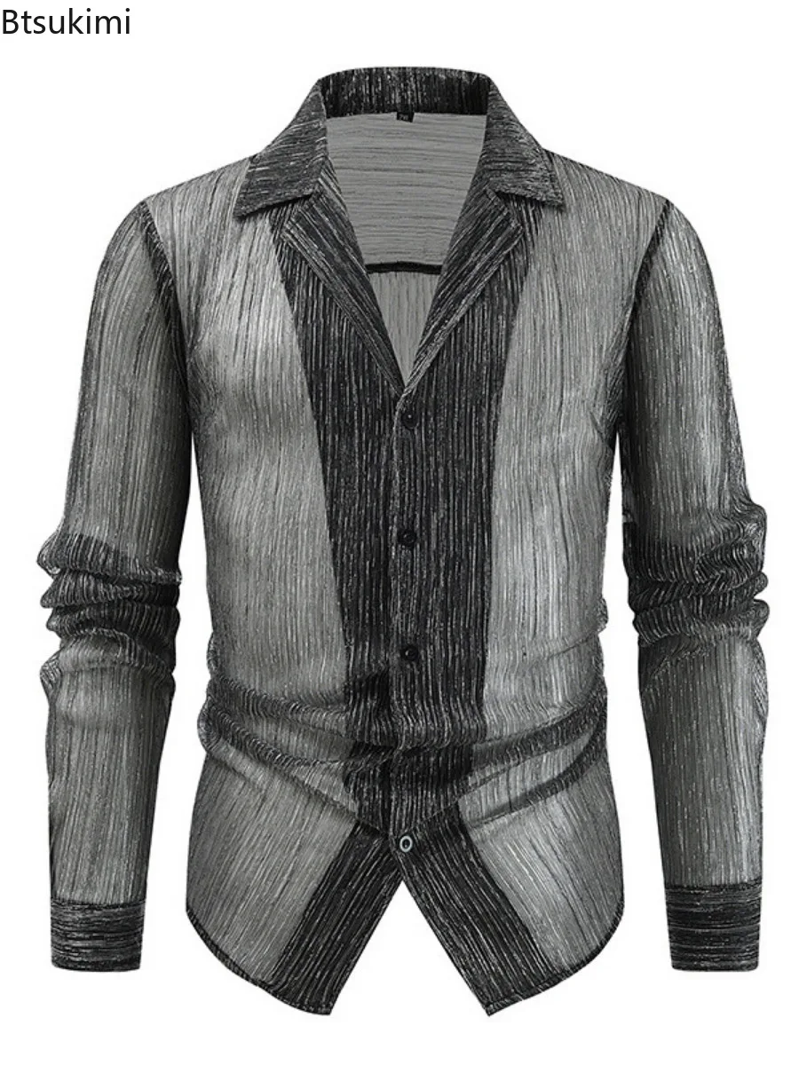 2025 Fashion Men Clothing Sexy Transparent Button-up Lapel Shirts Long Sleeve See Through Mesh Nightclub Party Costumes for Men