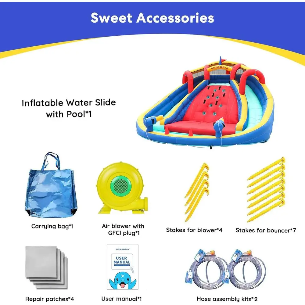 Dwu-kanałowa dmuchana zjeżdżalnia wodna dla dzieci z basenem, ścianą do wspinaczki i domkiem do skakania na podwórko - łatwy montaż na sucho