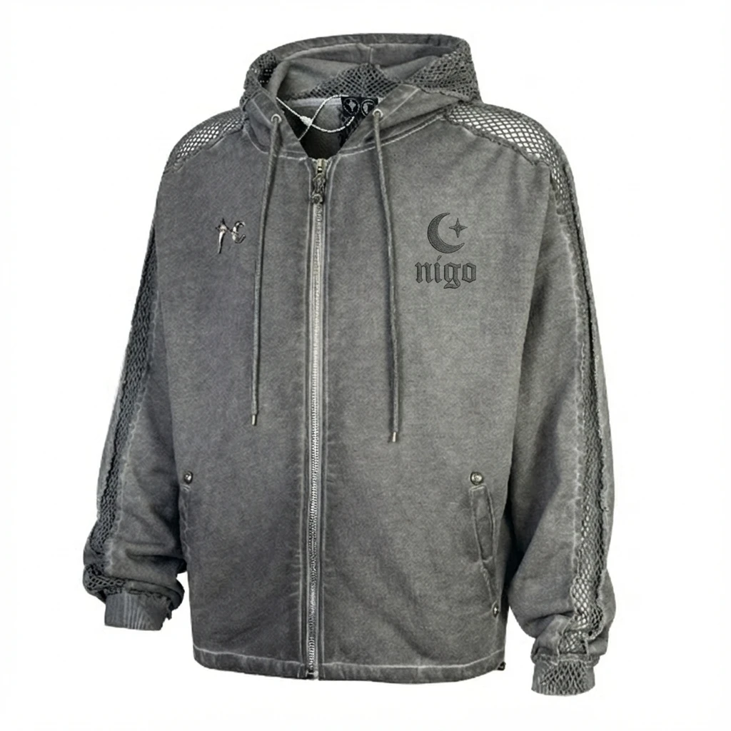 

NIGO Men's Gray Washed Zip Up Hoodie Comfort Fit Ideal Autumn Winter Street Wear Casual Outings Stylish Daily Looks #NIGO9569Z
