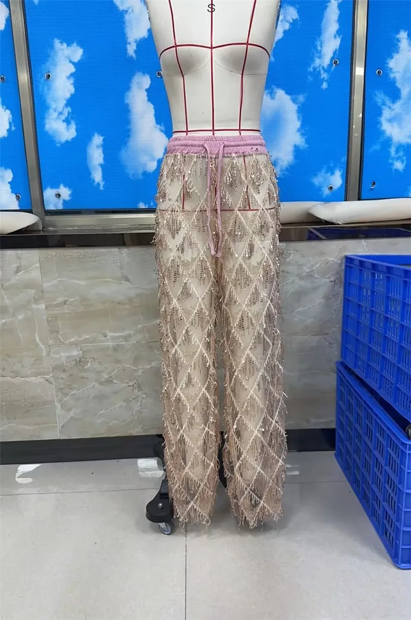 Glitter Sequin Fringe Mesh See Through Wide Leg Pants Elastic Waist Drawstring Sheer Palazzo Trousers Beach Party Club Cover Up