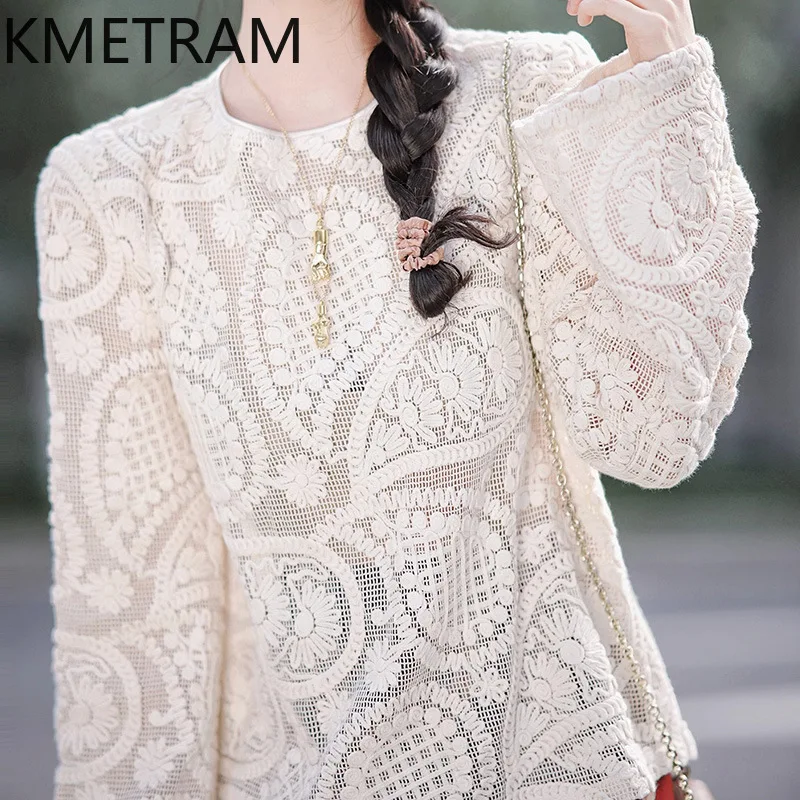 KMETRAM 100% Cotton Cutout  Blouse Woman Floral Elegant Tops for Woman Clothes High Quality Round Neck Summer Tops Femme 2025