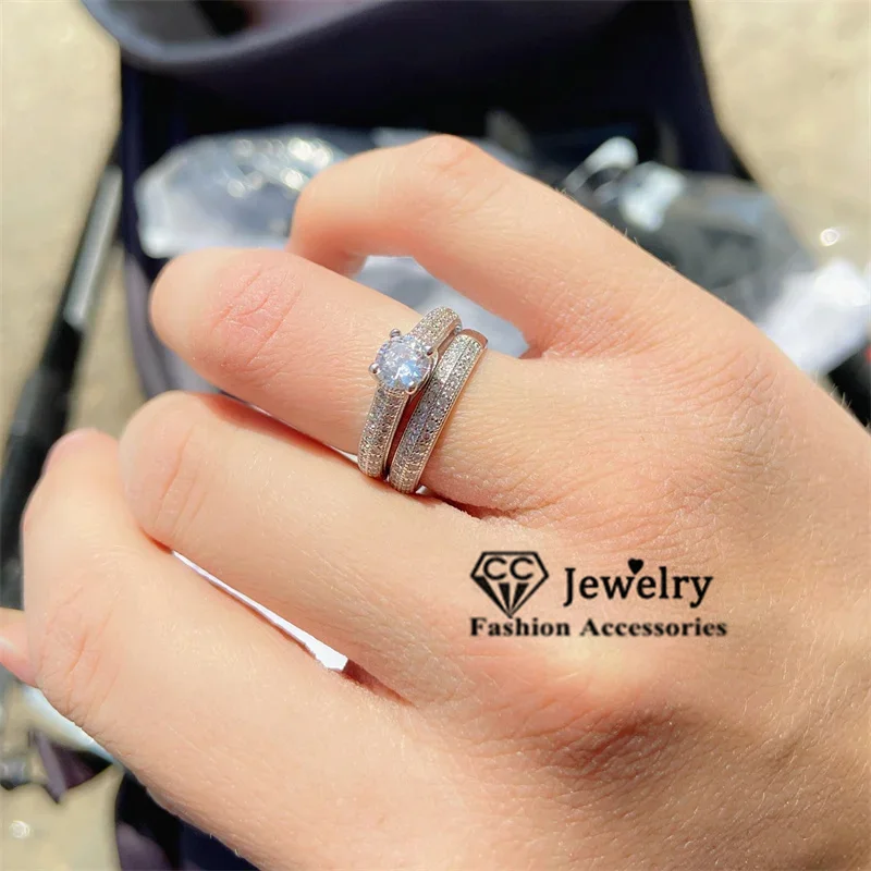 CC 2pcs Double Rings For Women Double Bridal Sets Sterling Silver Color CZ Stone Wedding Accessory Engagement Jewelry CC634