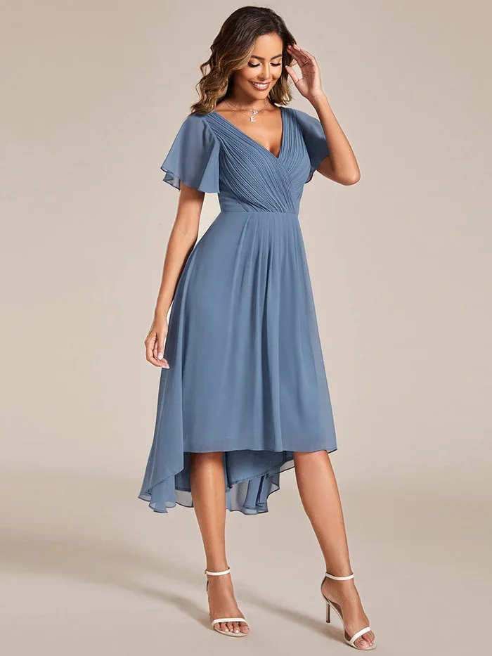 Ever-Pretty 2024 Woman\'S Chic V Neck Asymmetrical Hem Ruffles Sleeve Pleated Chiffon Dress