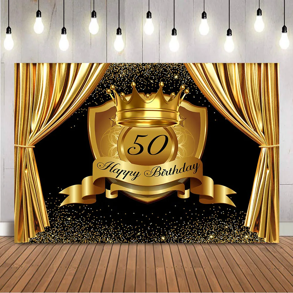 

Gold Birthday Background 50th Birthday Party Decoration Royal Crown Photocall Golden Curtain Photo Backdrop Studio Customize