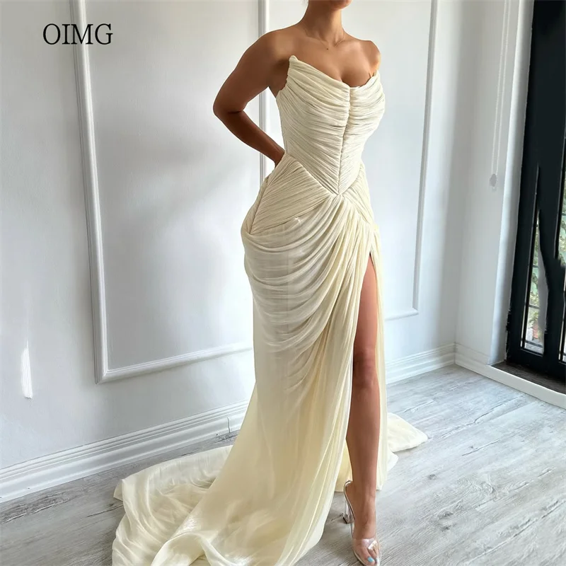 

OIMG Shiny Strapless vivaldi Mermaid Prom Gowns Side Slit Pleated Party Gown Floor Length Evening Dress 2025 Customized