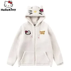 Sanrio Hello Kitty New Lamb Fleece Coat Trend Outdoor Anime Cartoon Embroidery Hooded Zip Up Hoodie Women Kawaii Harajuku Jacket