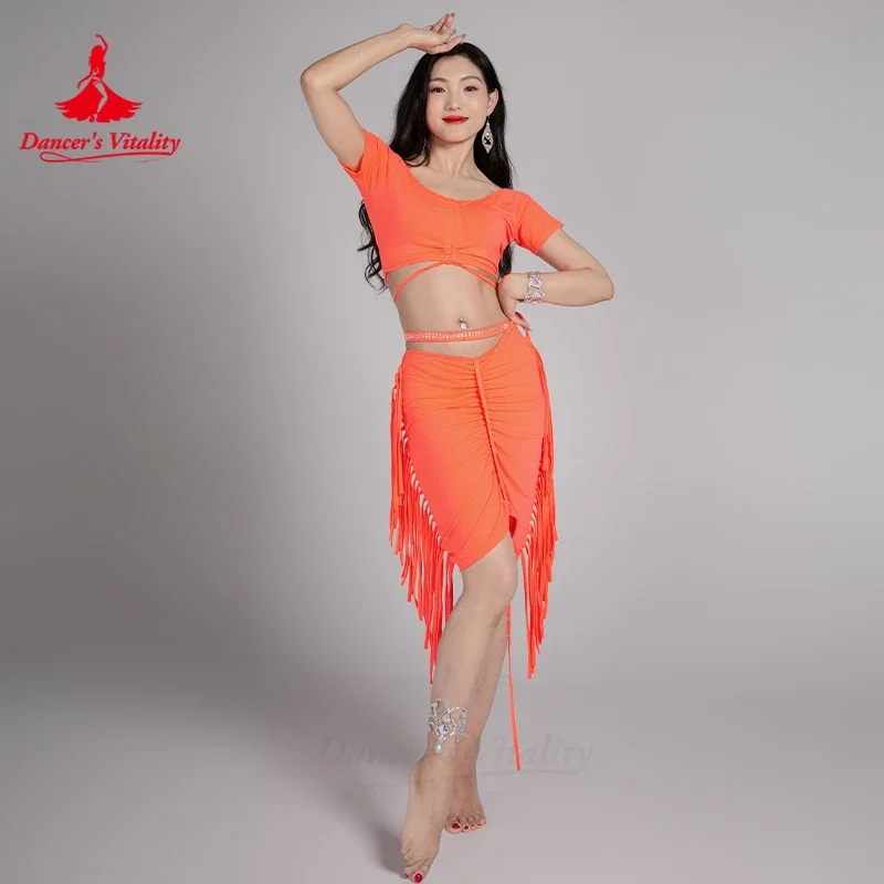 Belly Dancing Costume Set V-neck Short Sleeved Top+sexy Tassel Skirt 2pcs Girls\' Oriental Dance Professional Training Clothes
