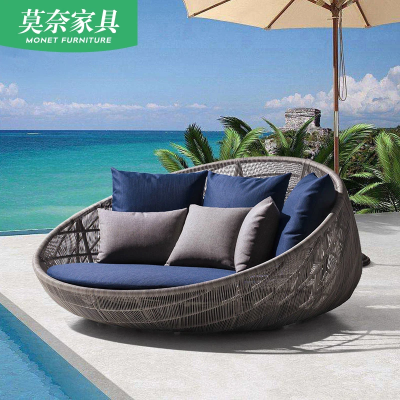 Outdoor Rattan Bed Hotel Terrace Balcony Furniture Softcover Home Nordic Villa Leisure Round Sofa Garden