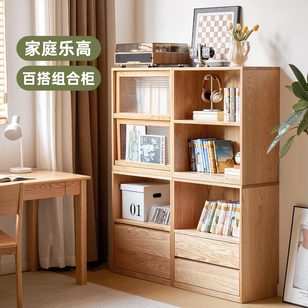Furniture Solid wood floor-to-ceiling storage integrated living room display Log lattice cabinet against the wall