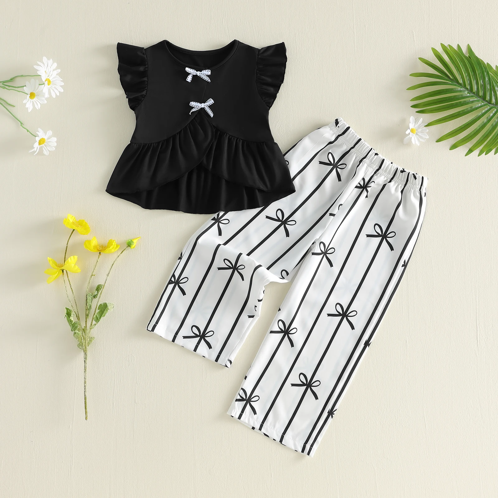 3-10Y Little Girls 2 Piece Outfits Summer Bow Decorated Flying Sleeve Round Neck Shirt Tops Pants Children's Sets