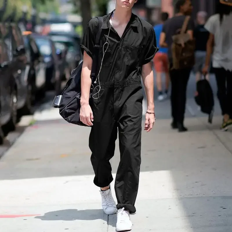 American European 2025 New Fashion Men's Solid Color Turn-down Collar Short Sleeve Pocket Casual Trendy Jumpsuits Male Clothes
