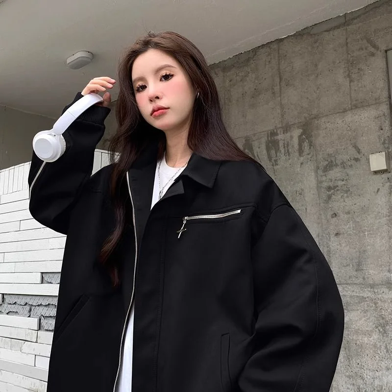 

American Retro Work Jacket Girl Spring Autumn Clothes Junior High School Students Lapel Loose Bomber Jacket Baseball Uniform