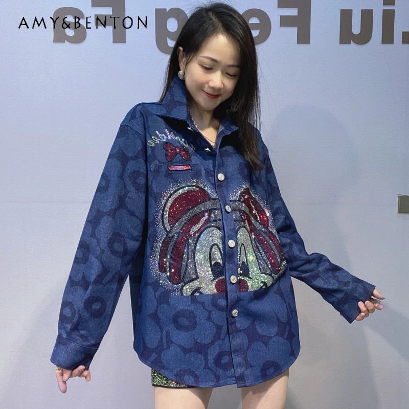 

Осень-зима новая блузка с тяжелой вышивкой темно-синий топ с принтом джинсовая рубашка свободная однобортная куртка с длинными рукавами пальто женское