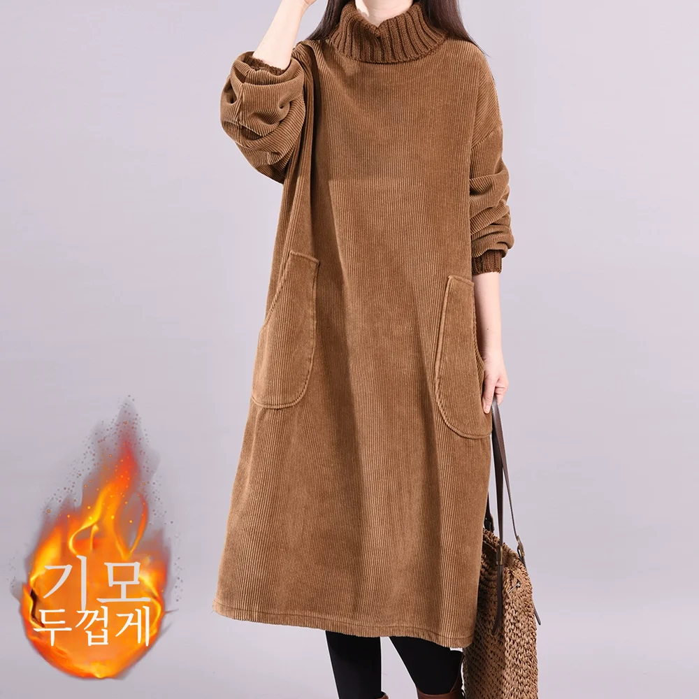 Leak-picking Counter Famous Foreign Trade Women Retro Corduroy Hoodie Long Dress Thickened Turtleneck Corduroy Dress