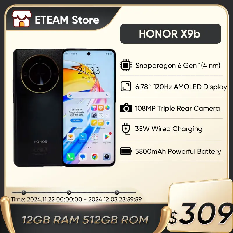 Global Version HONOR X9b HONOR Magic6 Lite 5G Smartphone 12GB Ram 512GB Rom 6.78