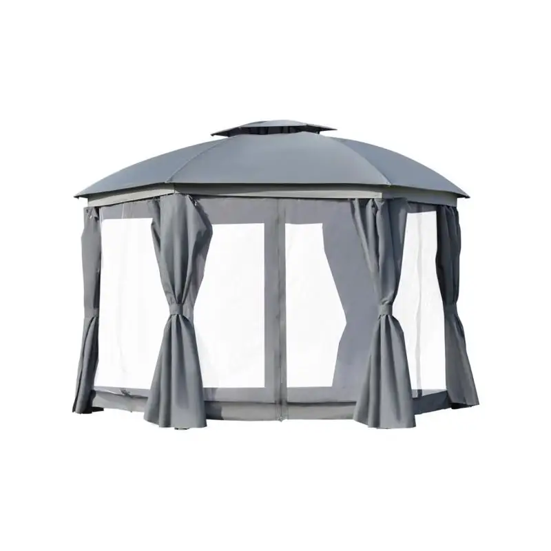 

Круглый навес для уличной беседки диаметром 144x144 дюйма с двойной крышей, сетчатыми боковыми стенками и шторами, дверцами на молнии серого цвета
