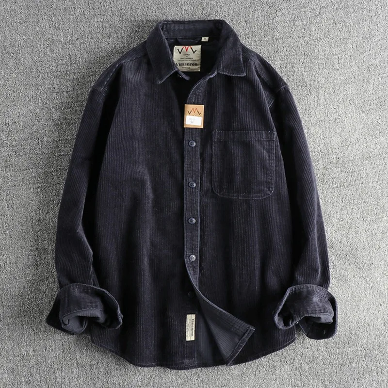 Solid Color Corduroy Vintage Shirt for Men Spring Fashion Simple Basic Long Sleeve Blouse America Style Good Quality Dense Coats