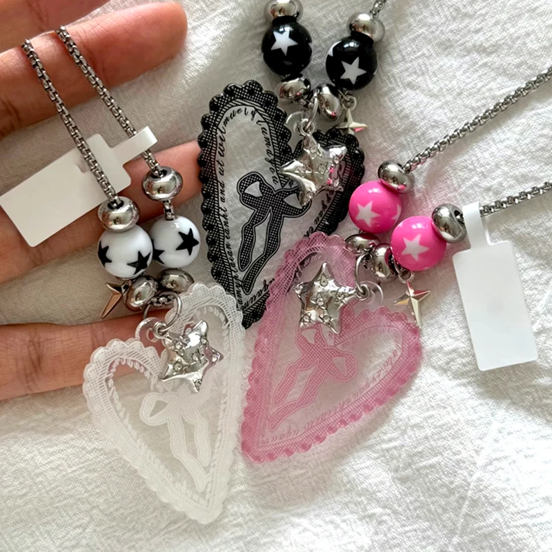 Y2K Jewelry Pink Star Lace Bow Pendant Necklace for Women Korean Fashion 90s Aesthetic Kawaii Sexy Cross Necklace Punk Cool
