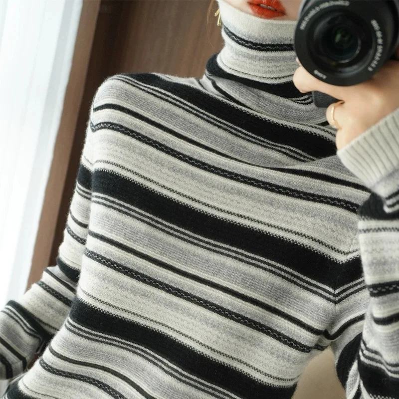 Autumn Winter Women Sweater Turtleneck Long Sleeve Warm Pullovers Fashion Stripe Knitwear Korean Bottoming Shirt Basic Jumper