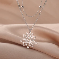 Teamer Lotus Flower Pendant Necklace Stainless Steel Yoga Buddhism Amulet Jewelry for Women Double Layer Beaded Chain Gift