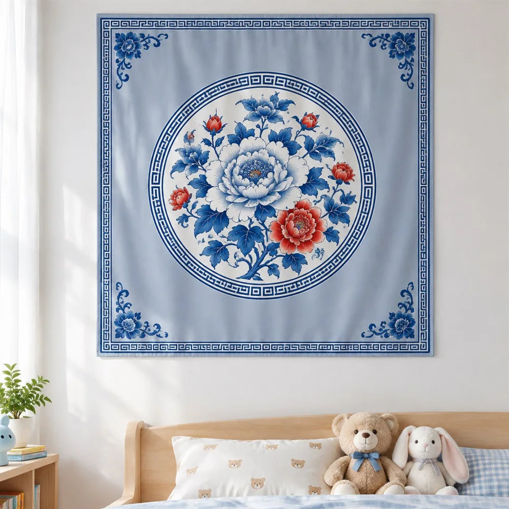 VIKAMA Blue White Porcelain Tapestry Wall Hanging, Ceramic Pattern Wall Art, Chinoiserie Decor for Living Room Bedroom