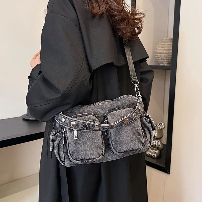 2026Feeling Multiple Pockets Vintage Denim Shoulder Bag Leisure Time High-capacity Versatile Practical Single Crossbody Bag