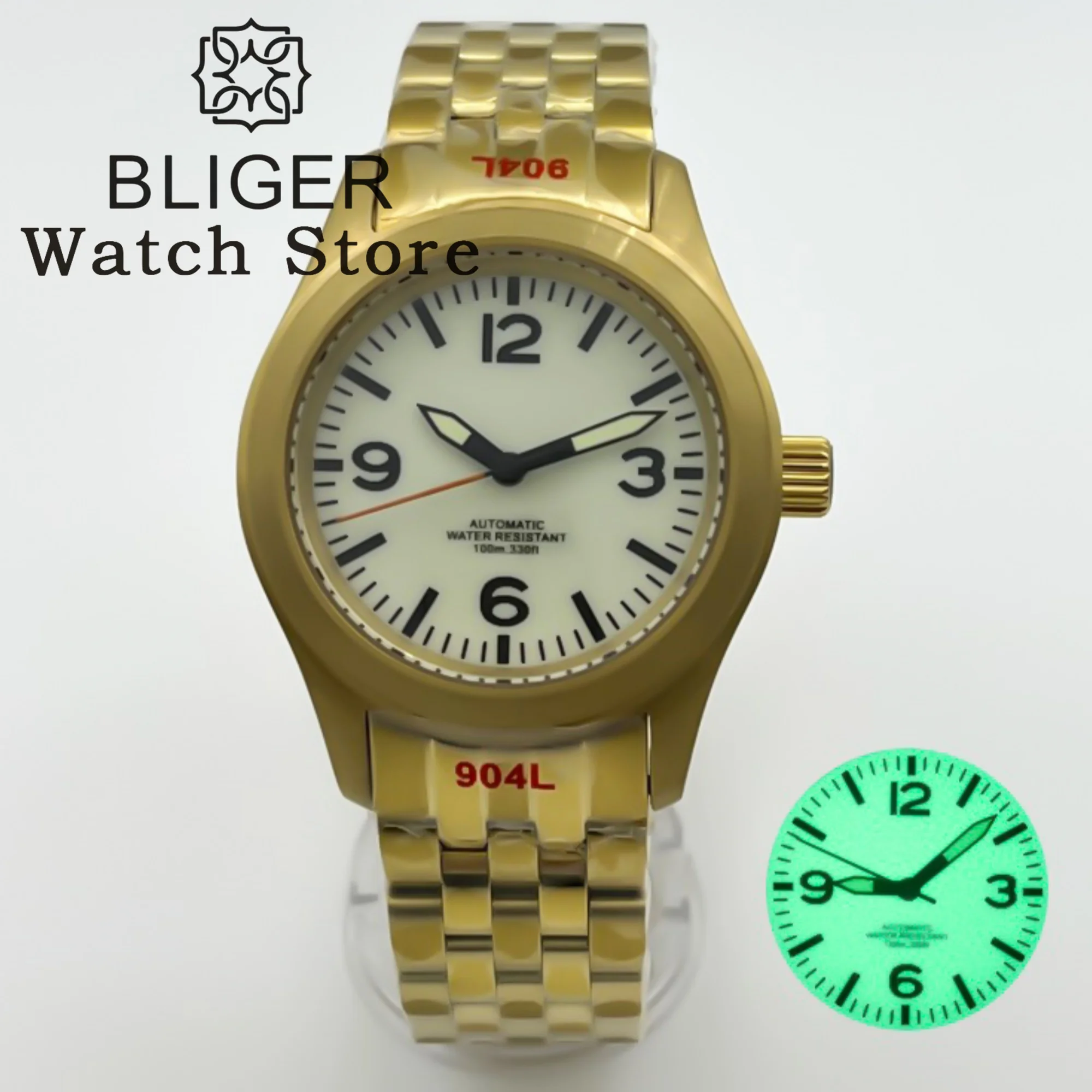 BLIGER 36mm 39mm reloj de buceo mecánico piloto dorado para hombres NH35 movt crema esfera blanca verde Super Lume zafiro correa inoxidable