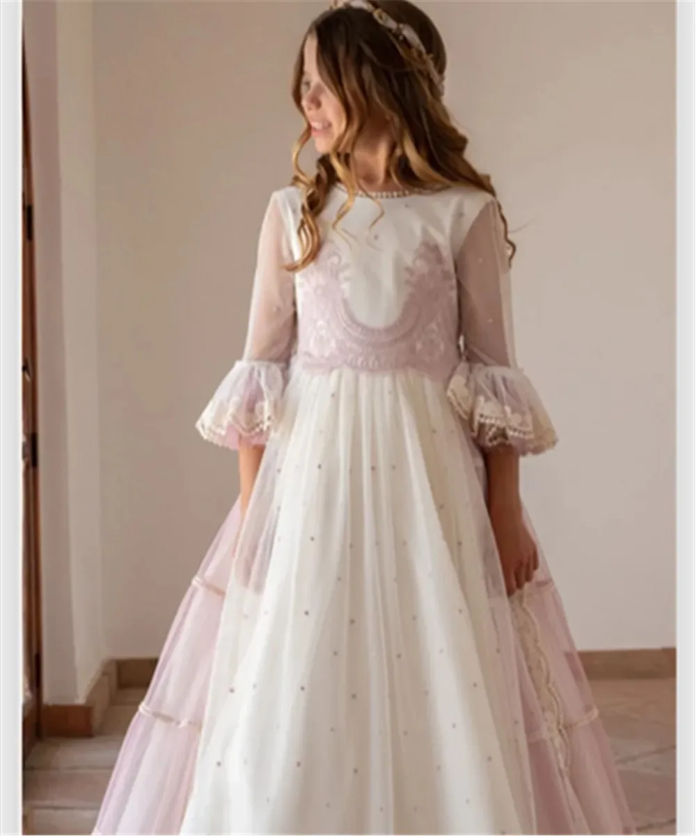 

Elegant Flower Girl Wedding Dress Bow Lace Half Sleeves Dress Princess Birthday Party Dress First Communion Gown Customized