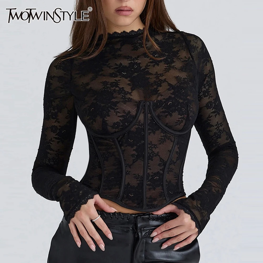 

TWOTWINSTYLE Black Edgy Looks Lace Corset Top for Women High Neck Sheer Fabric Long Sleeve Boned Waist Design for Luxury Nights