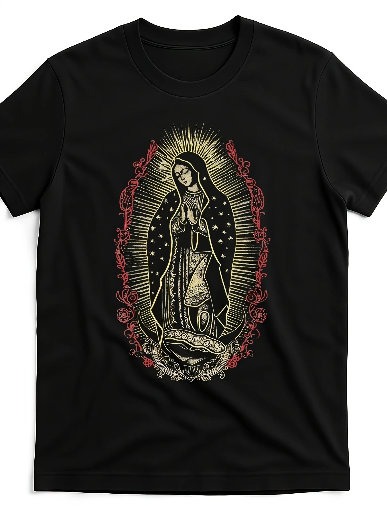 Local Men's Retro Classic Short Sleeve T-Shirt Mexican Catholic Faith Lady Guadalupe Religious Art Graphic Tee Glossy Finish