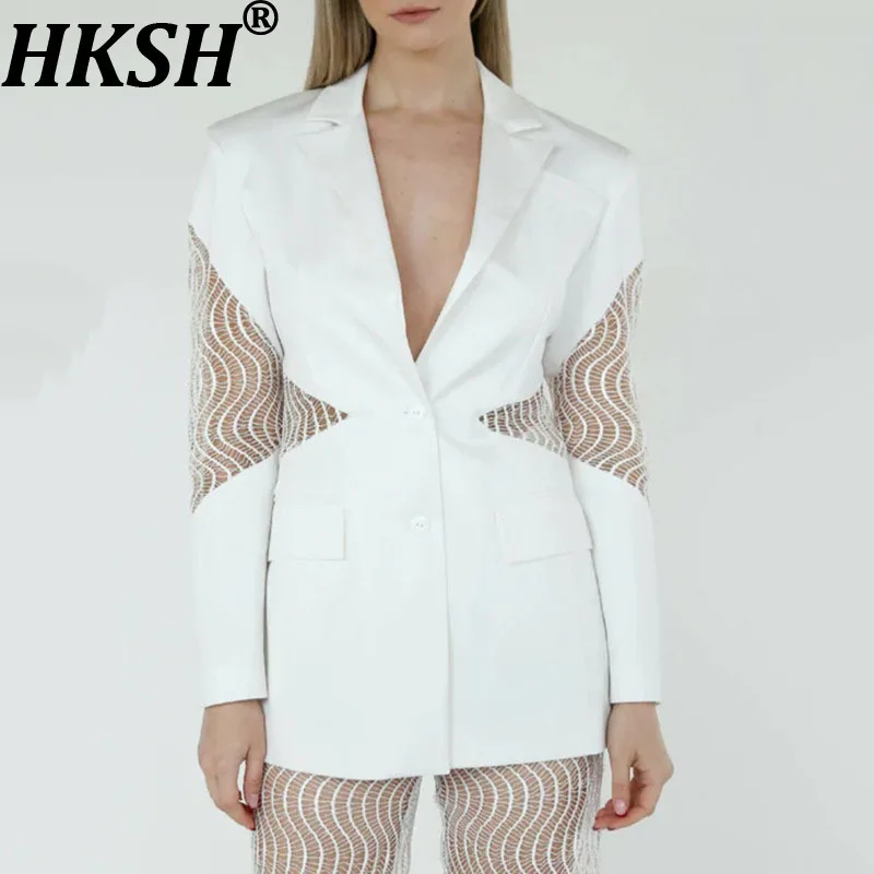 

HKSH Autumn New Women Blazer Niche Design Sheer Lace Patchwork Solid Color Single Breasted Temperament Stylish Tide Coat HK11497