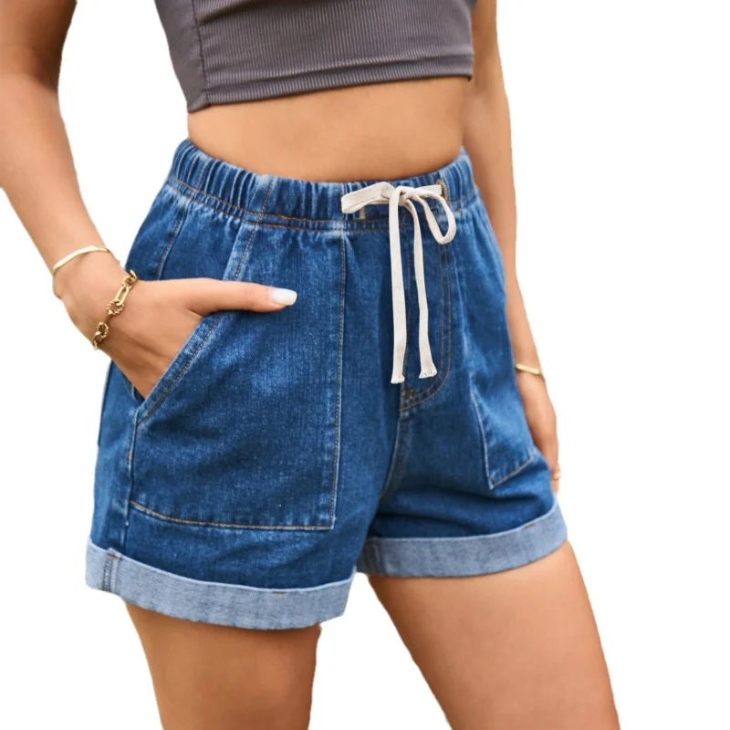 Summer New Women's Lace-Up Elastic Waist Casual Rolled Denim Shorts 2026 Fashion Trendy High Waist Shorts - view 5